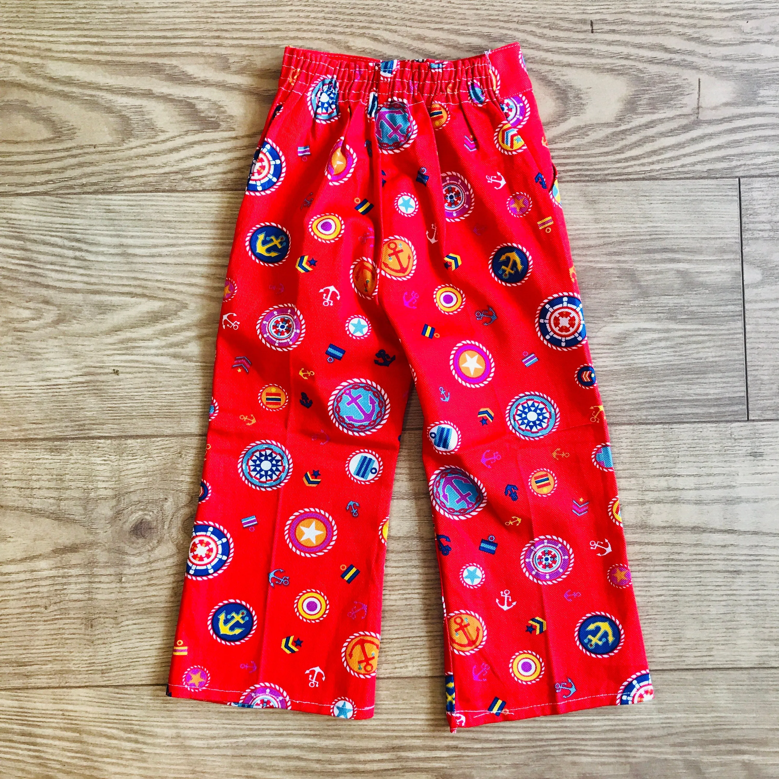 1960s 70s Red Nautical Printed Bell Bottoms 18-24M, 2-3 and 3-4Y