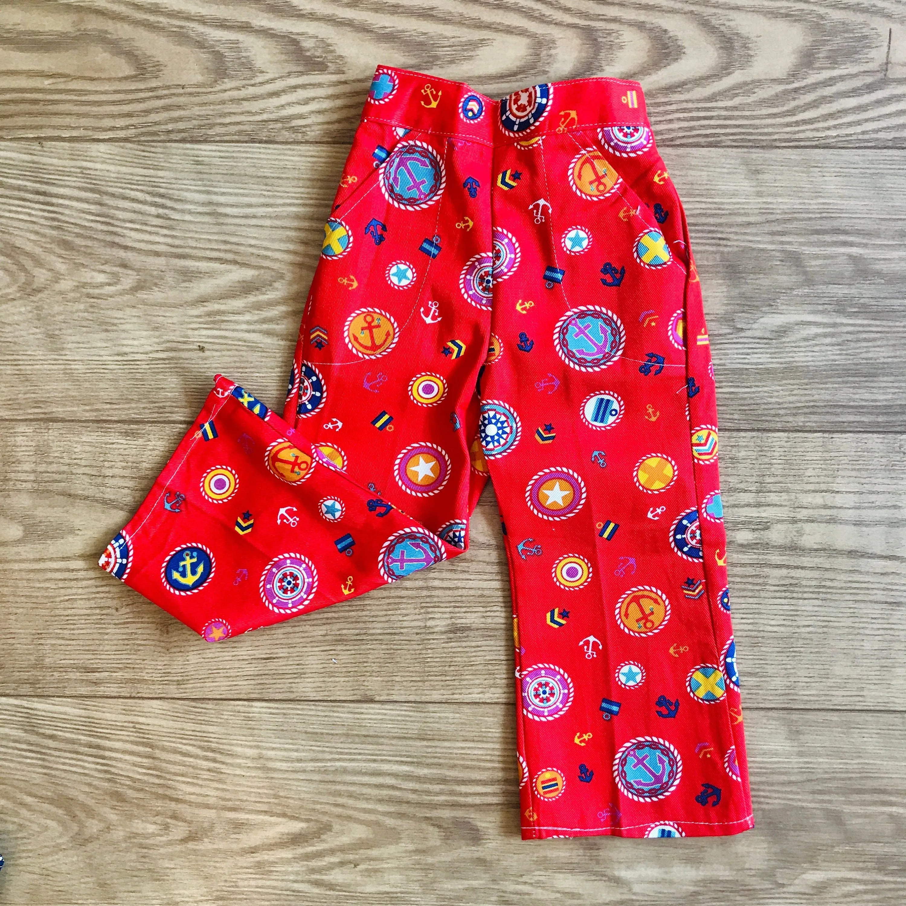 1960s 70s Red Nautical Printed Bell Bottoms 18-24M, 2-3 and 3-4Y