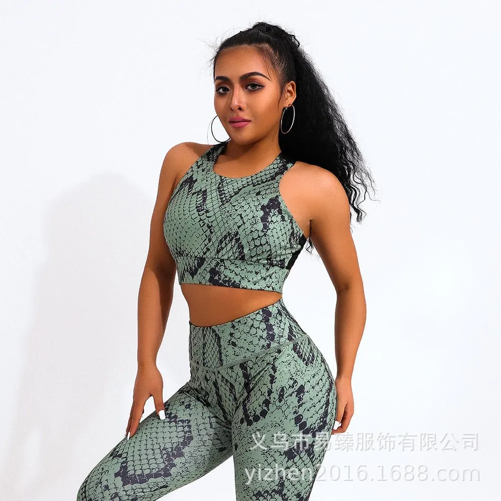 2 Piece Sexy Snake Print Yoga Set Women Workout Gym Bras Sport Fitness Leggings Ropa Deportivas Mujer Running Ladies Suit