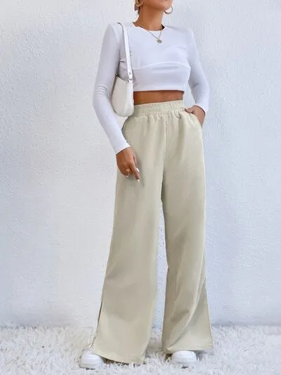 6 Slit Pocketed High Waist Wide Leg Pants