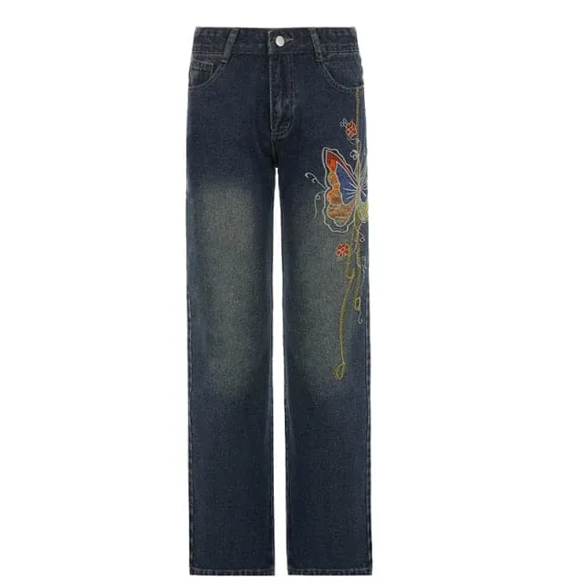 90s Vintage Butterfly Printed Denim Jeans