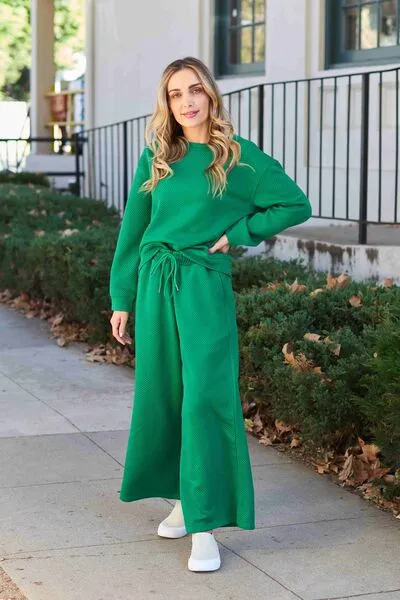 Abigail Textured Long Sleeve Top and Drawstring Pants Set