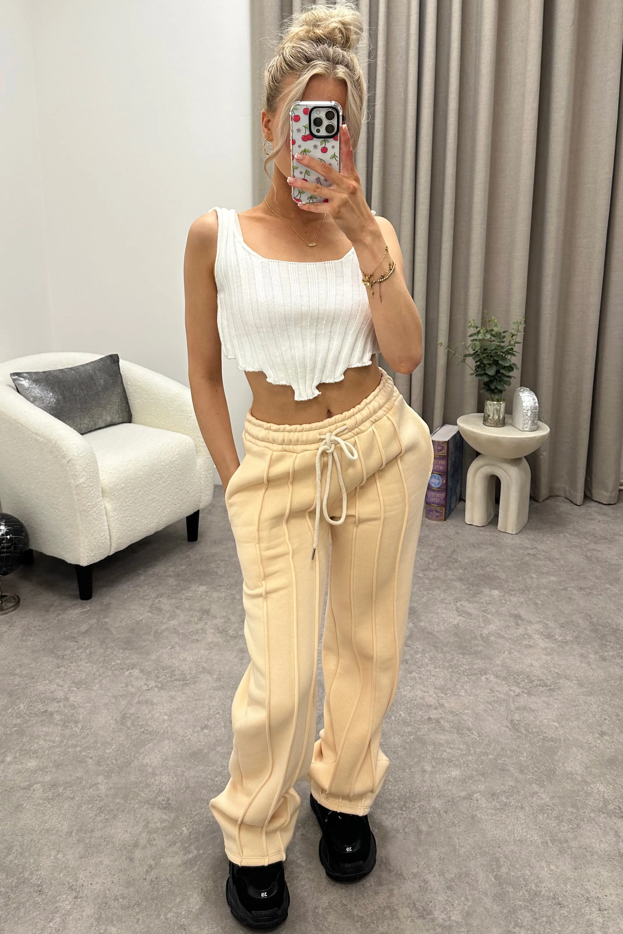 Alondra Beige Seam Front Wide Leg Joggers