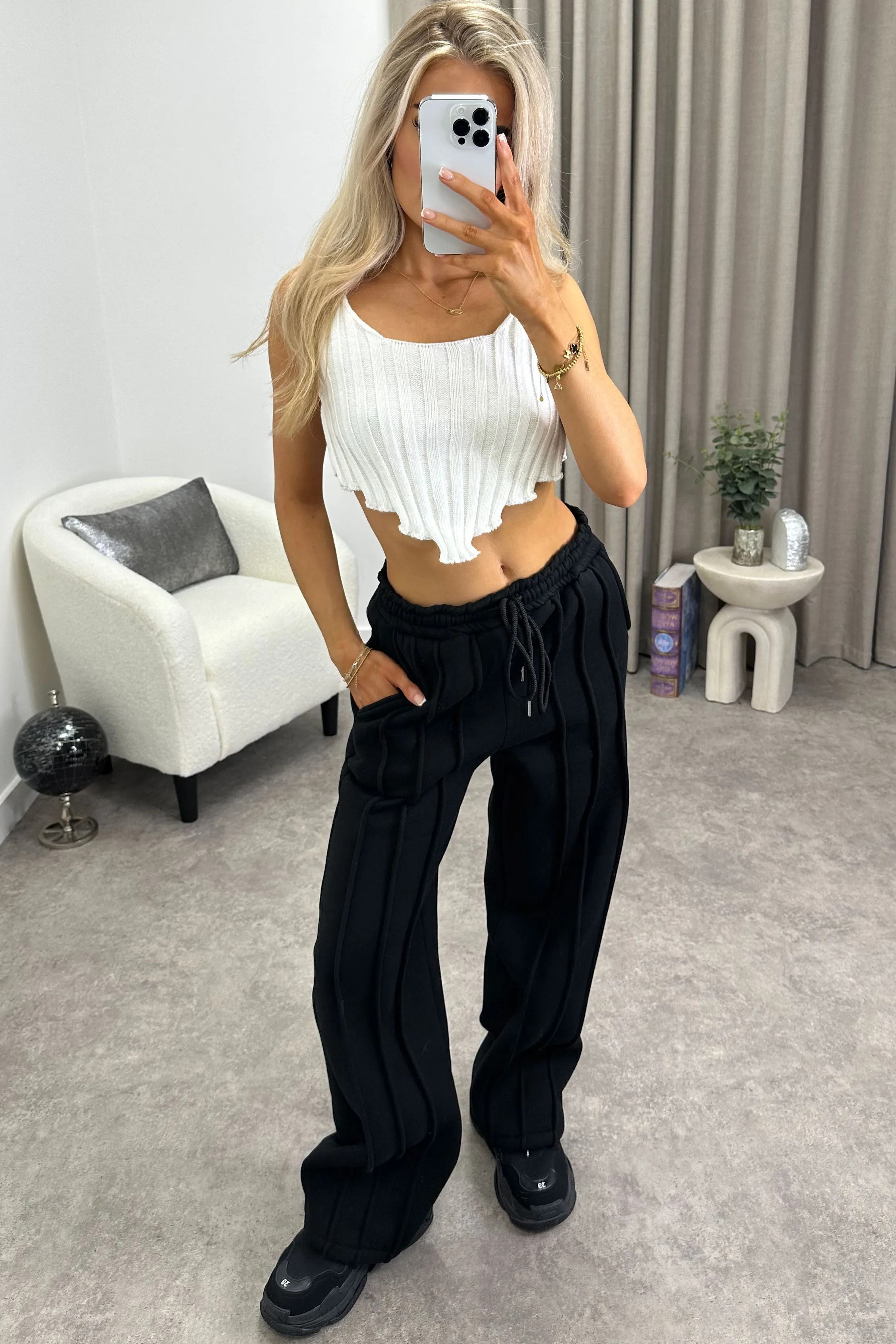 Alondra Black Seam Front Wide Leg Joggers