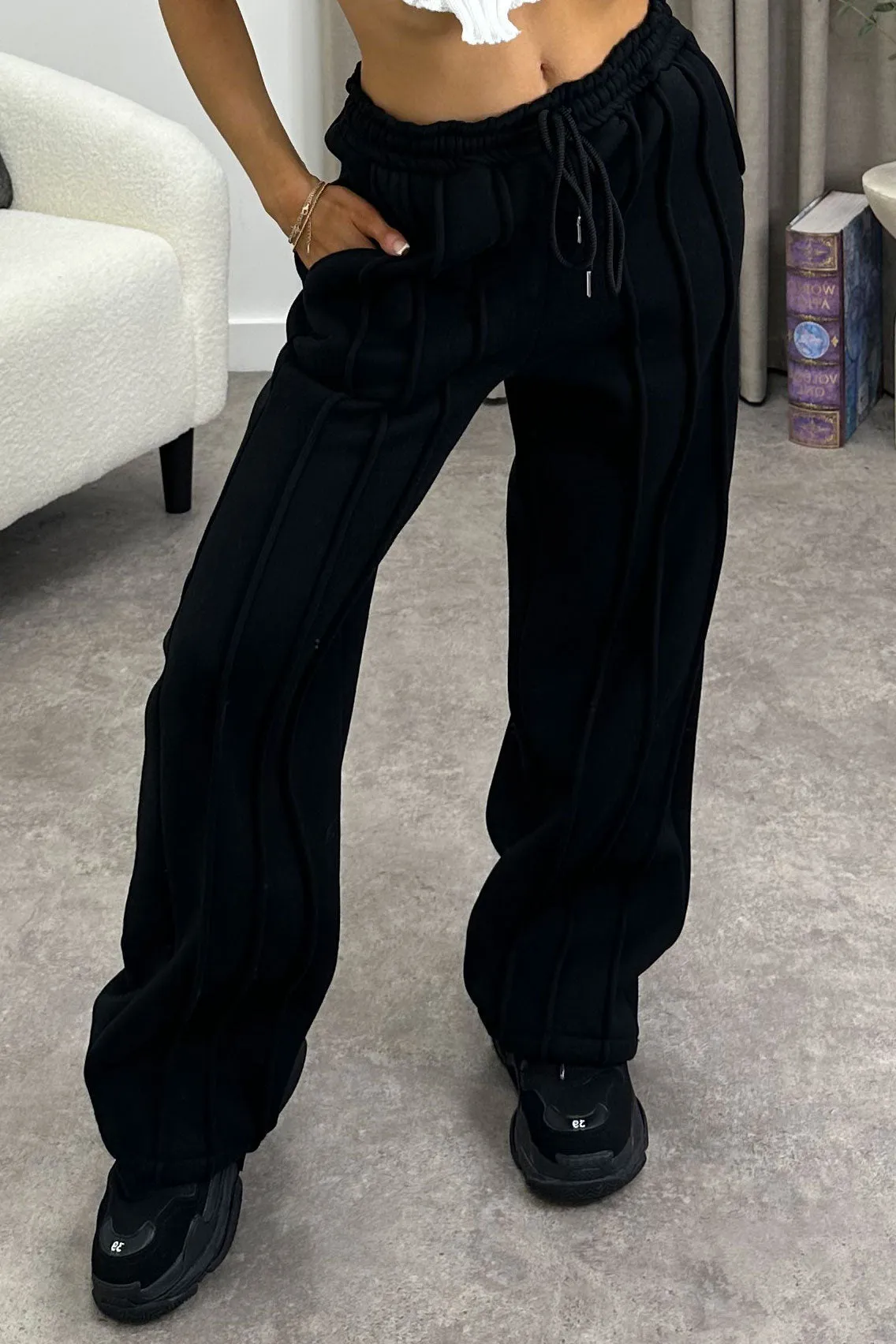 Alondra Black Seam Front Wide Leg Joggers