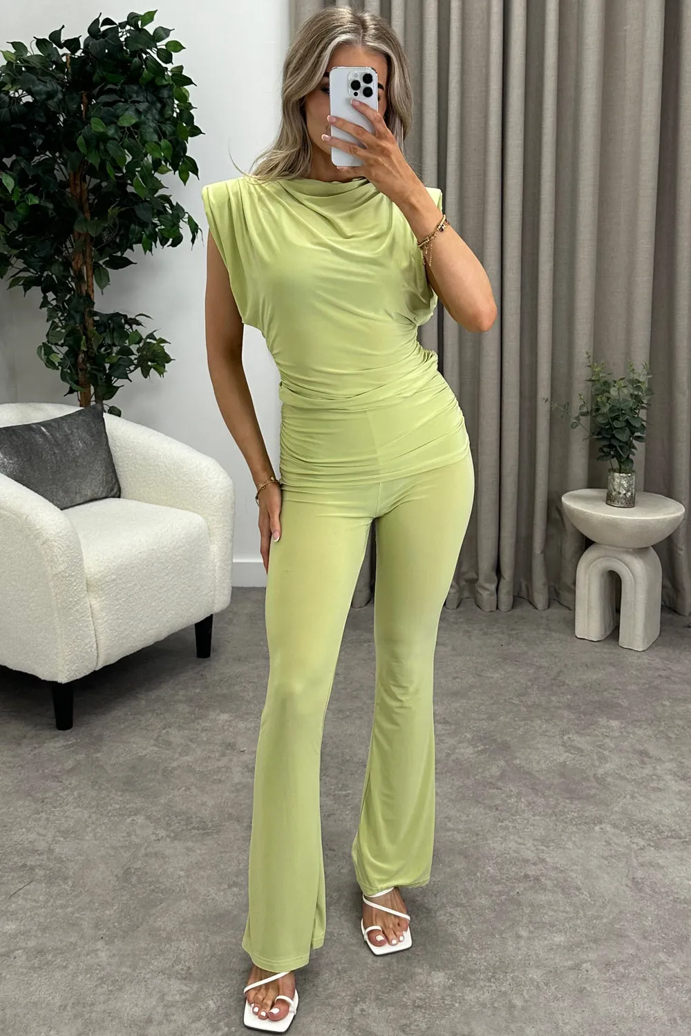 Amanda Green Slinky Ruched Top and Fold Over Wide Leg Trousers Co-Ord Set