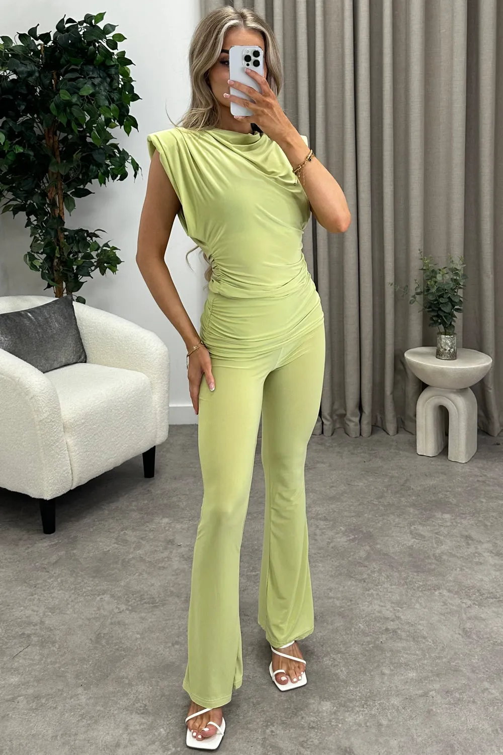 Amanda Green Slinky Ruched Top and Fold Over Wide Leg Trousers Co-Ord Set