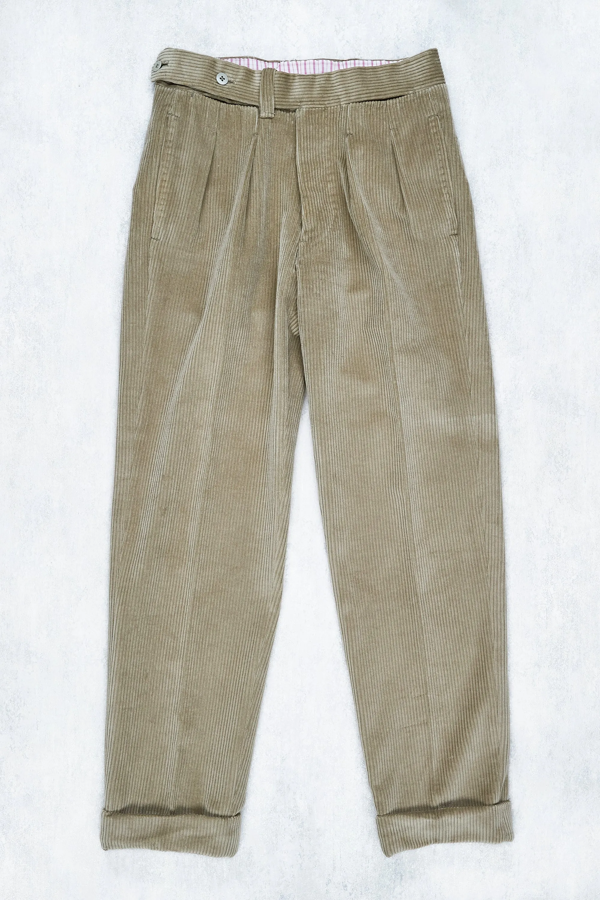 Ambrosi Napoli Grey-Olive Double-pleat Corduroy Trousers