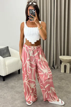 Aubrey Pink Tropical Print Plisse High Waisted Wide Leg Trousers