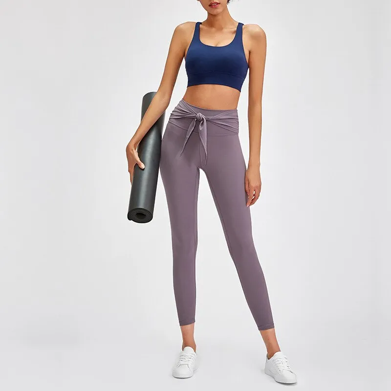 Autumn Tie Knot Solid  Yoga Pants Fashion Gym Fitness High Waist Leggings Workout Push Up Sports Trousers Hot Sale Energy Pants