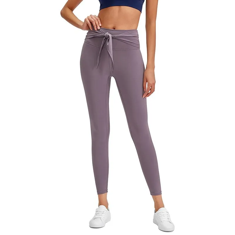 Autumn Tie Knot Solid  Yoga Pants Fashion Gym Fitness High Waist Leggings Workout Push Up Sports Trousers Hot Sale Energy Pants