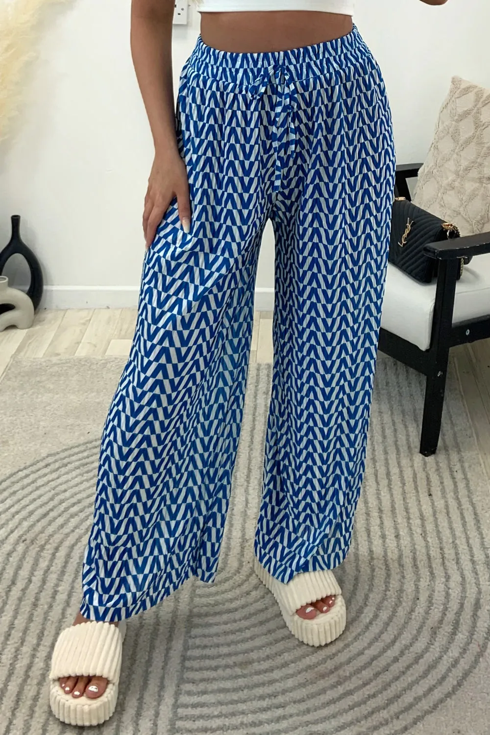 Avaa Blue and White Plisse Patterned Wide Leg Trousers