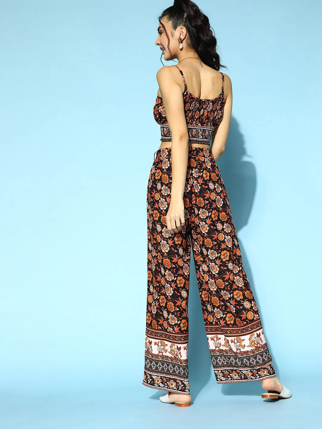 Berrylush Women Black & Orange Floral Printed Round Neck Waist Tie-Up Crop Top & Wide-Leg Trousers Set