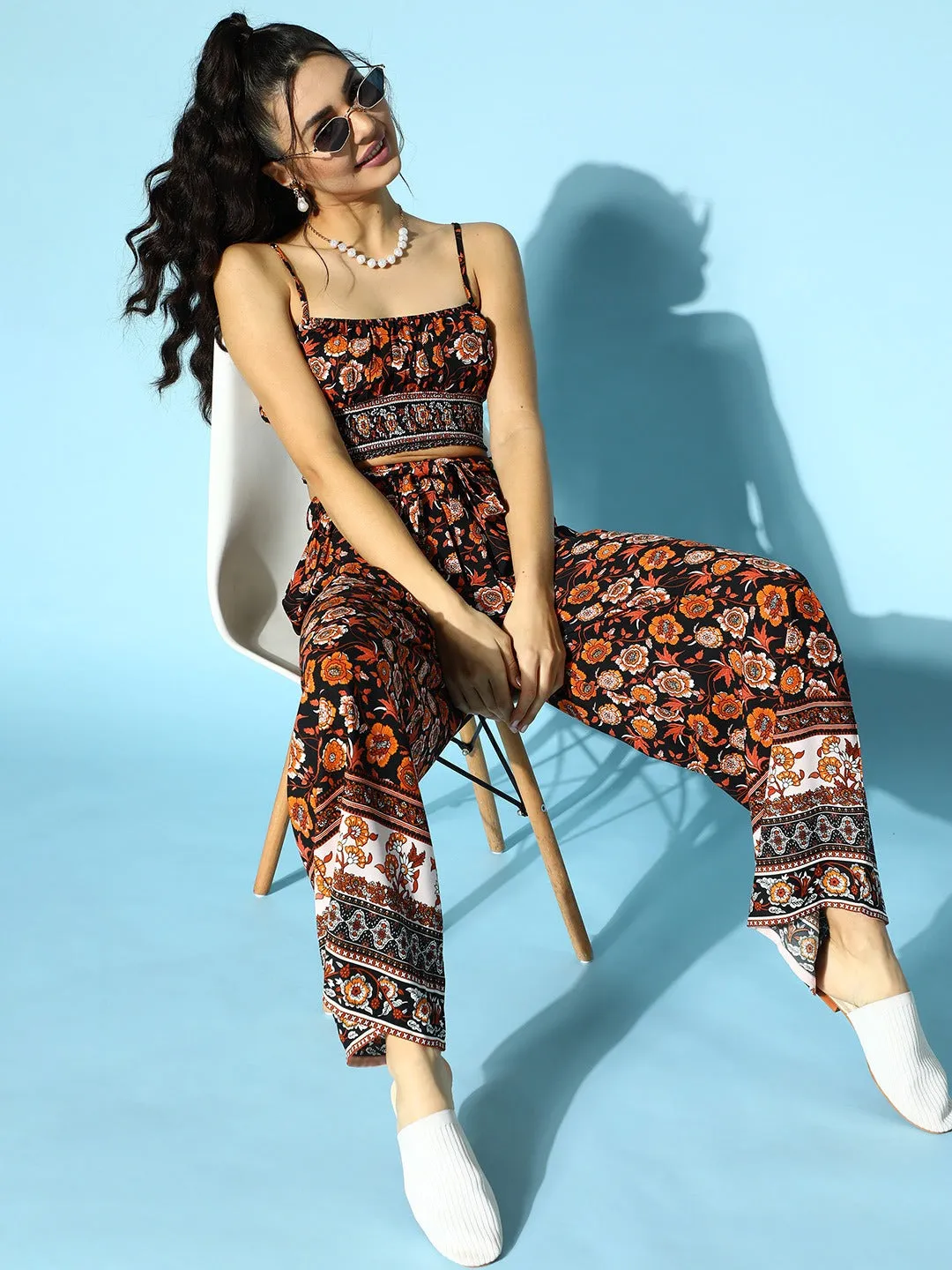 Berrylush Women Black & Orange Floral Printed Round Neck Waist Tie-Up Crop Top & Wide-Leg Trousers Set