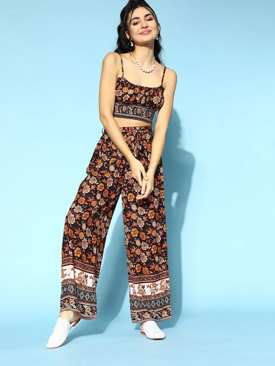 Berrylush Women Black & Orange Floral Printed Round Neck Waist Tie-Up Crop Top & Wide-Leg Trousers Set