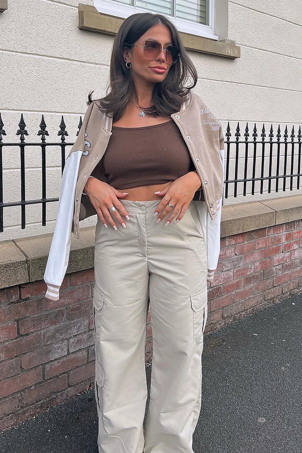 Bianca Beige Pocket Detail Wide Leg Cargo Trousers