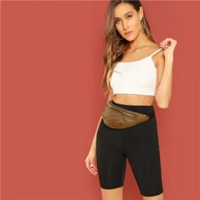 Black Casual Solid Crop Wide Waistband Leggings Summer Modern Lady Women Pants Trousers