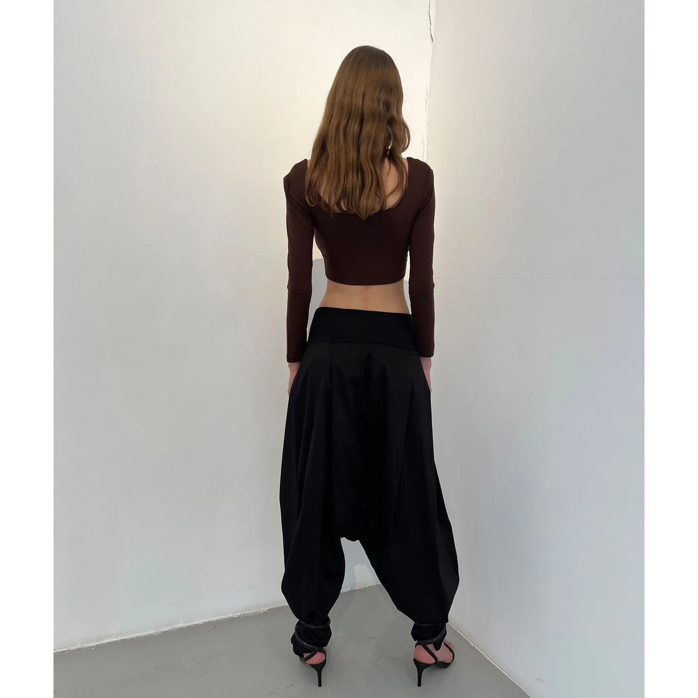 Black Cotton High Waist Drop Crotch Trouser