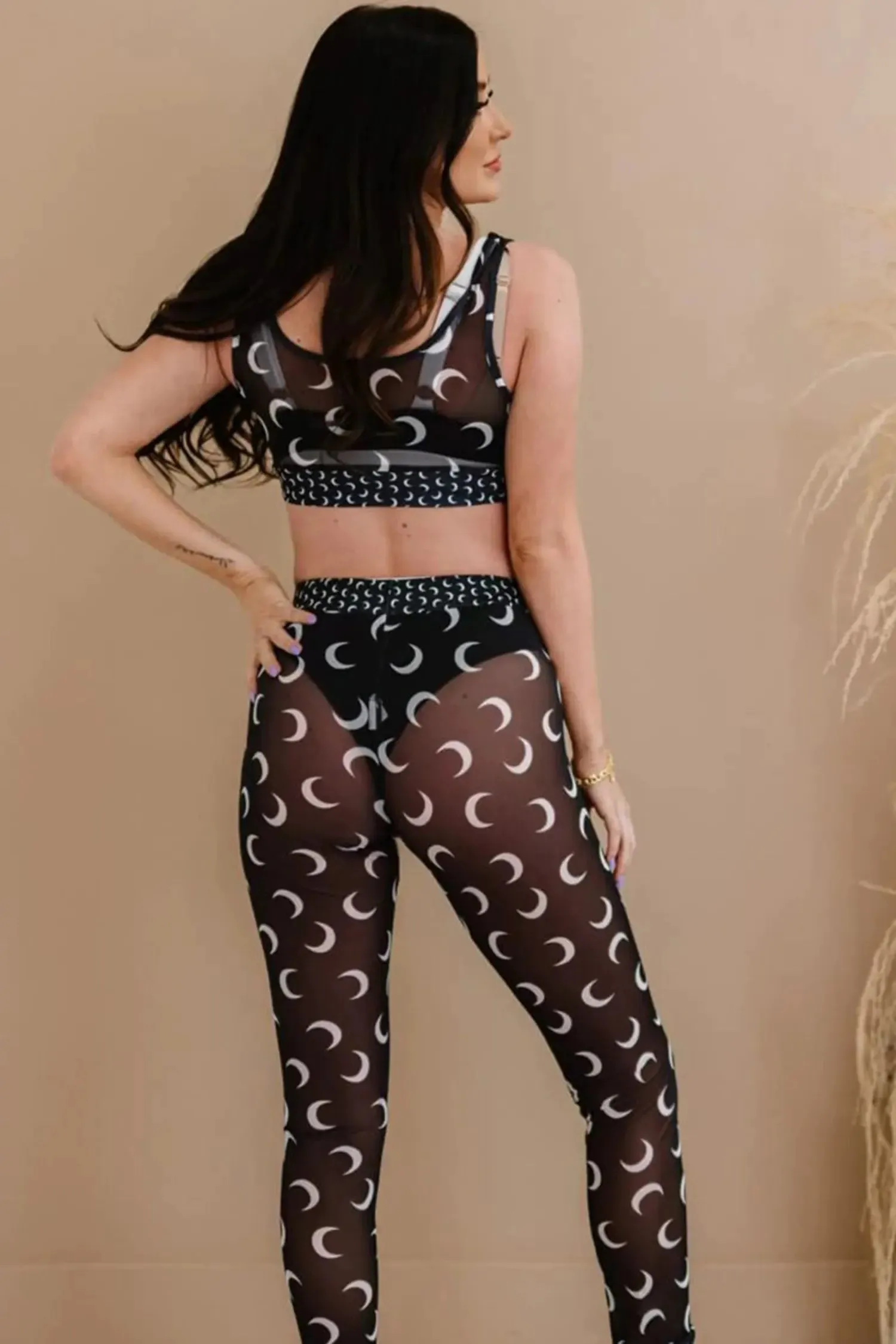 Black Crescent Moon Print Mesh Sports Bra & Leggings Set