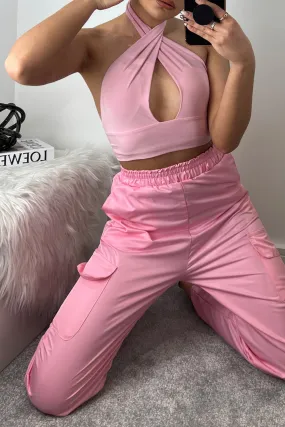 Blair Pink Wrap Halterneck Tie Back Slinky Crop Top