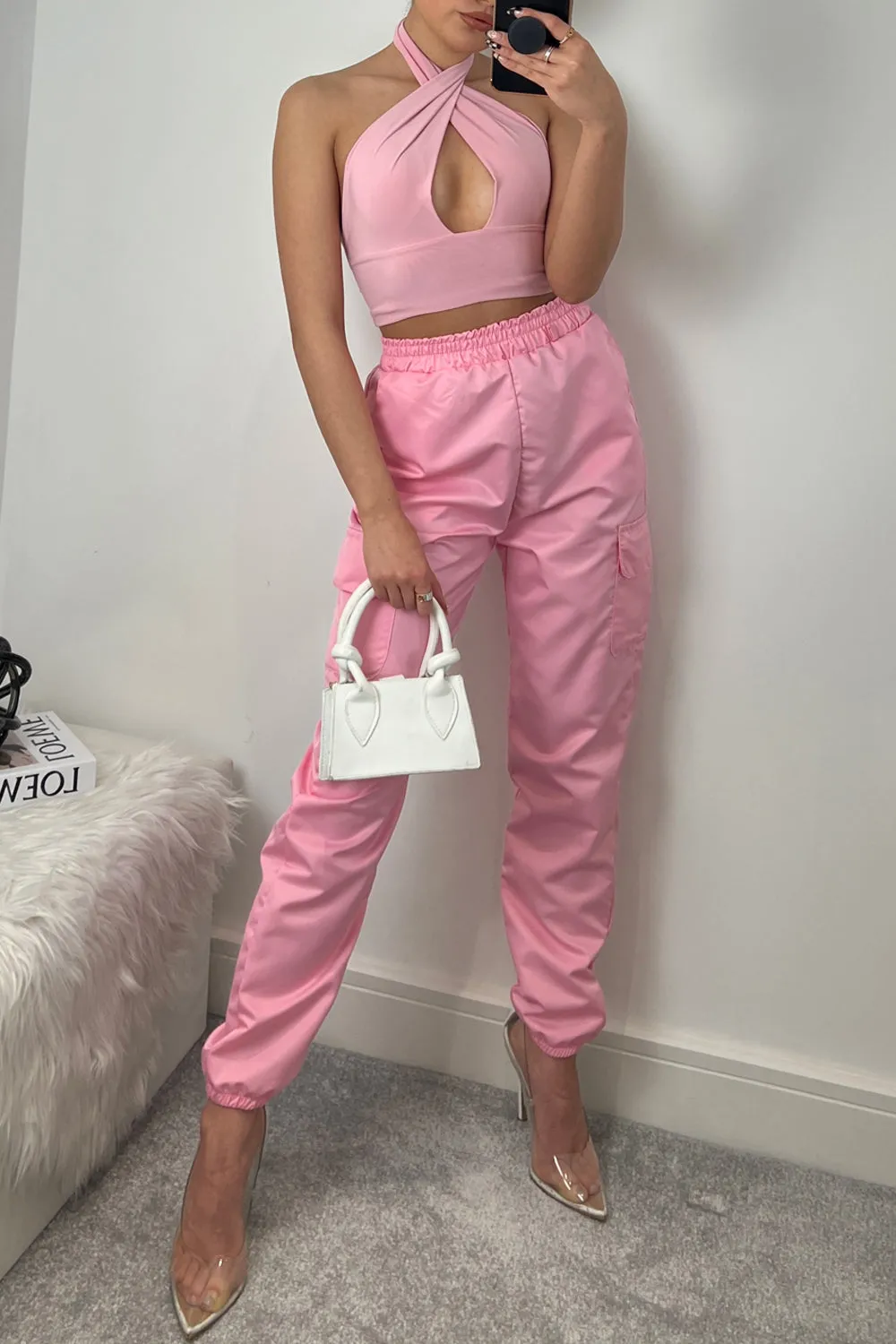 Blair Pink Wrap Halterneck Tie Back Slinky Crop Top