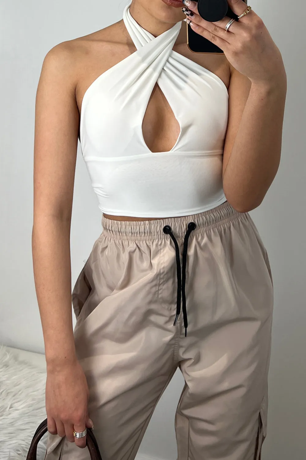 Blair White Wrap Halterneck Tie Back Slinky Crop Top