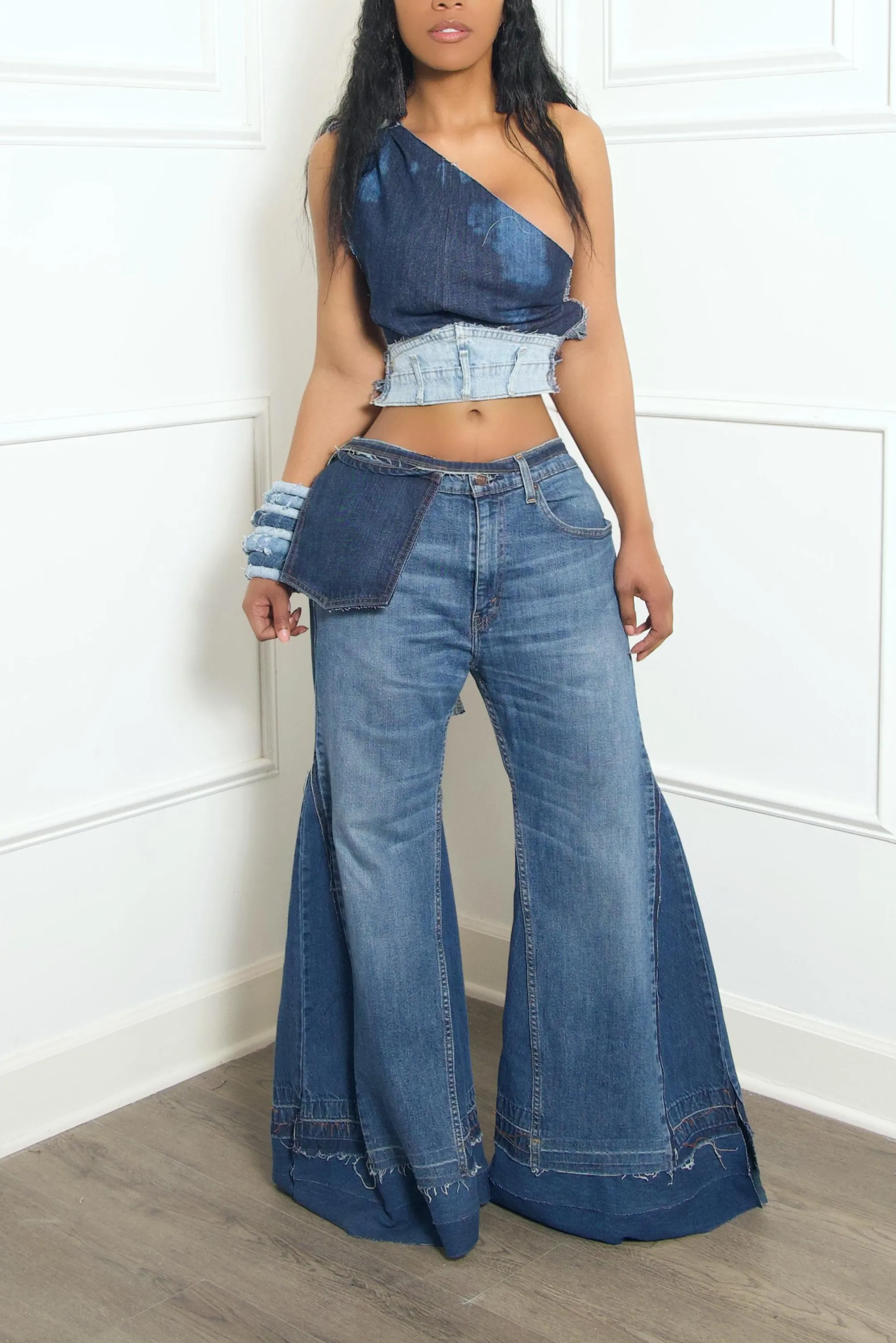 Blue Oversized Denim Wide Leg Bell bottom Jeans (M-Stretchy)