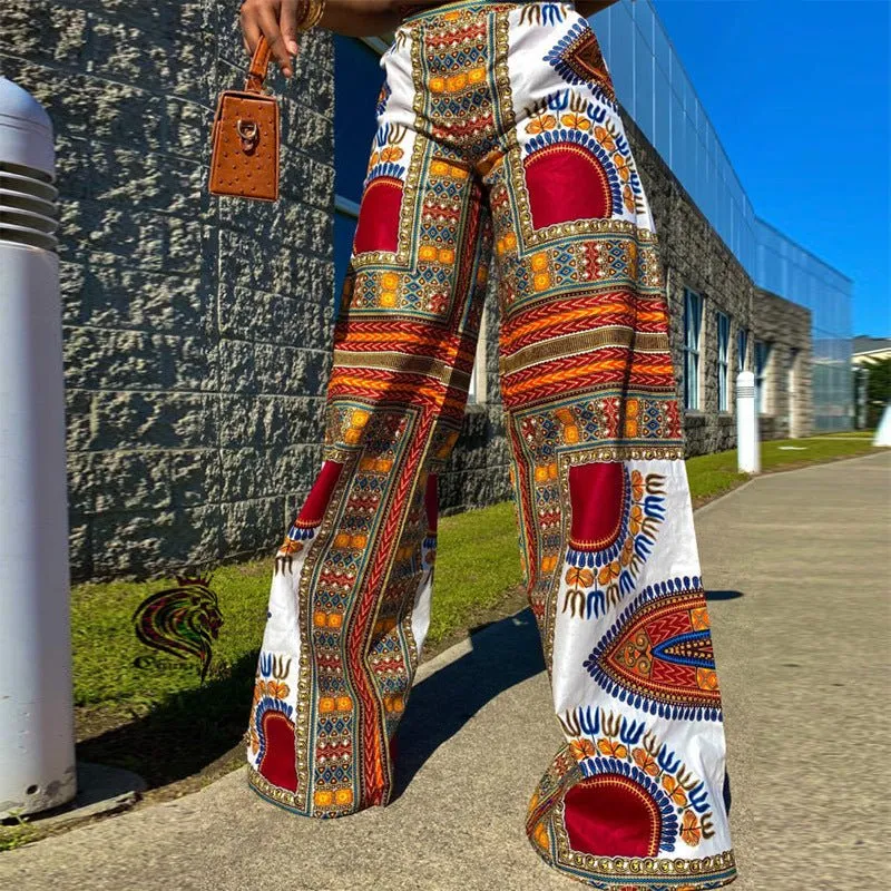 Bohemian printed trousers with pockets casual pants women loose high waist wide leg pants