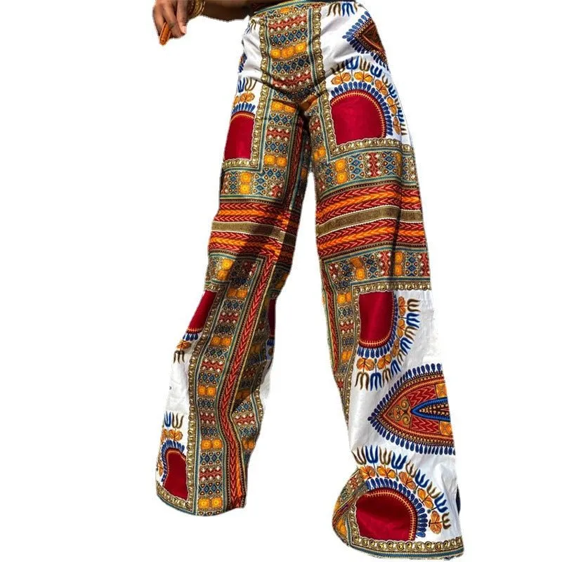 Bohemian printed trousers with pockets casual pants women loose high waist wide leg pants