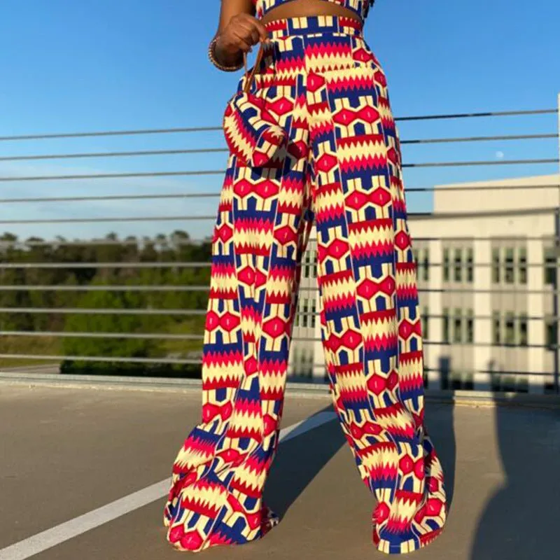 Bohemian printed trousers with pockets casual pants women loose high waist wide leg pants