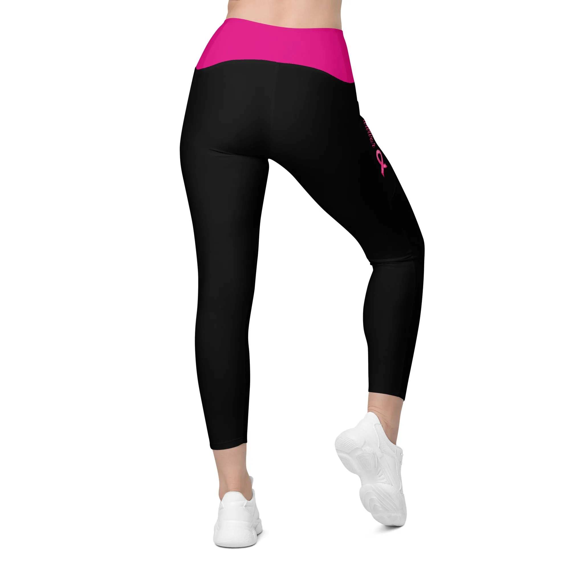 Breast Cancer "Survivor" Crossover Waist Leggings with Pockets (Black/Pink)