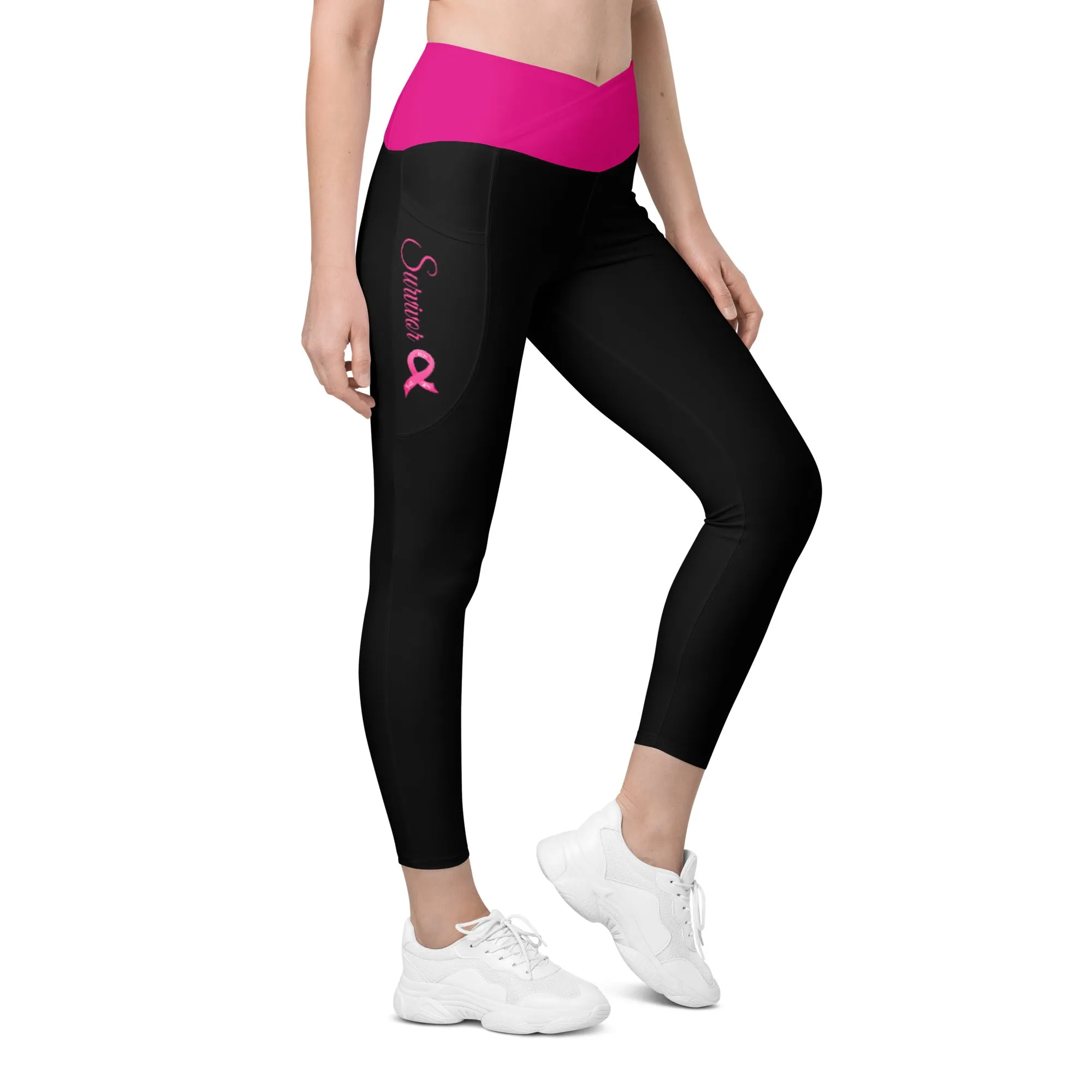 Breast Cancer "Survivor" Crossover Waist Leggings with Pockets (Black/Pink)