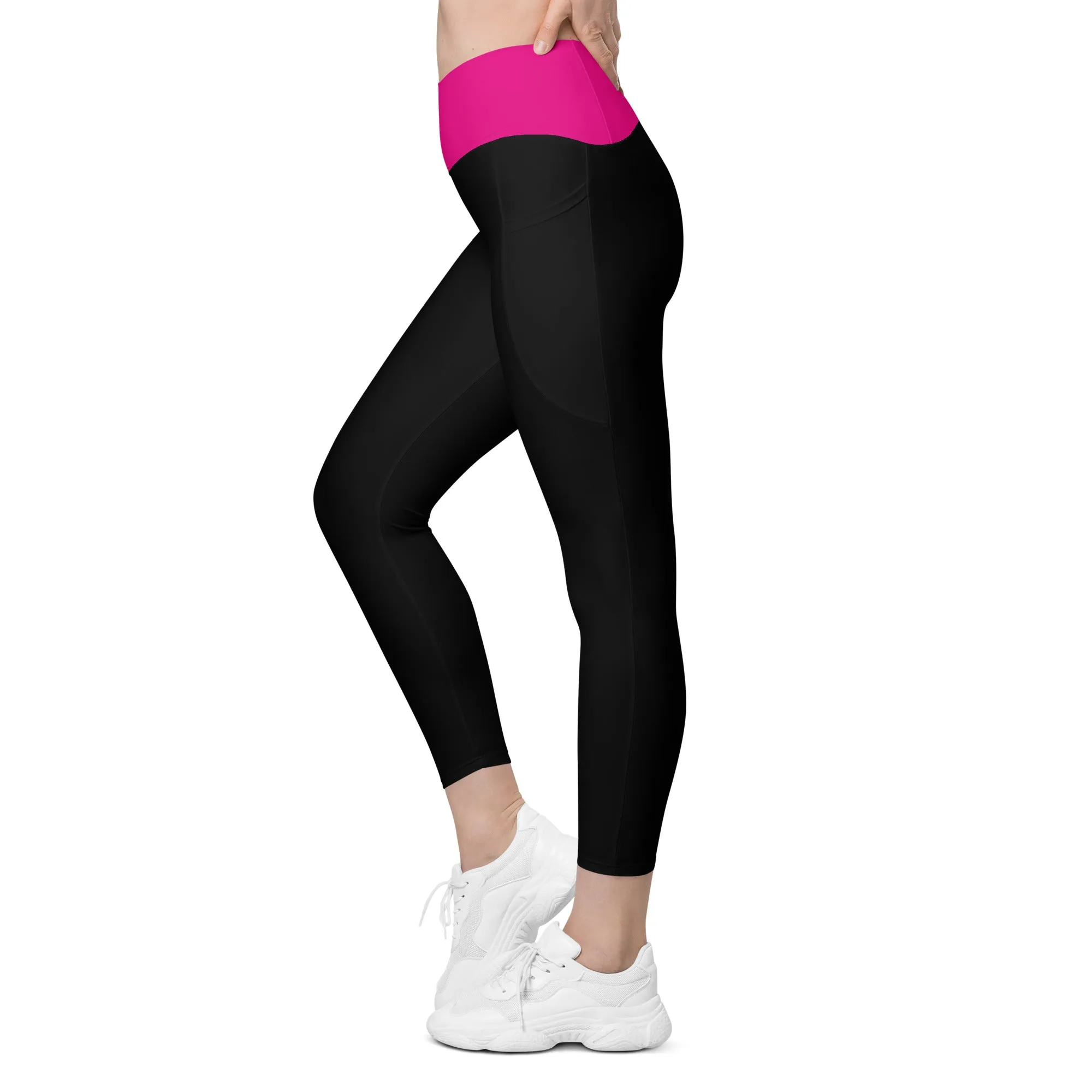 Breast Cancer "Survivor" Crossover Waist Leggings with Pockets (Black/Pink)