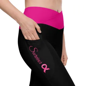 Breast Cancer "Survivor" Crossover Waist Leggings with Pockets (Black/Pink)