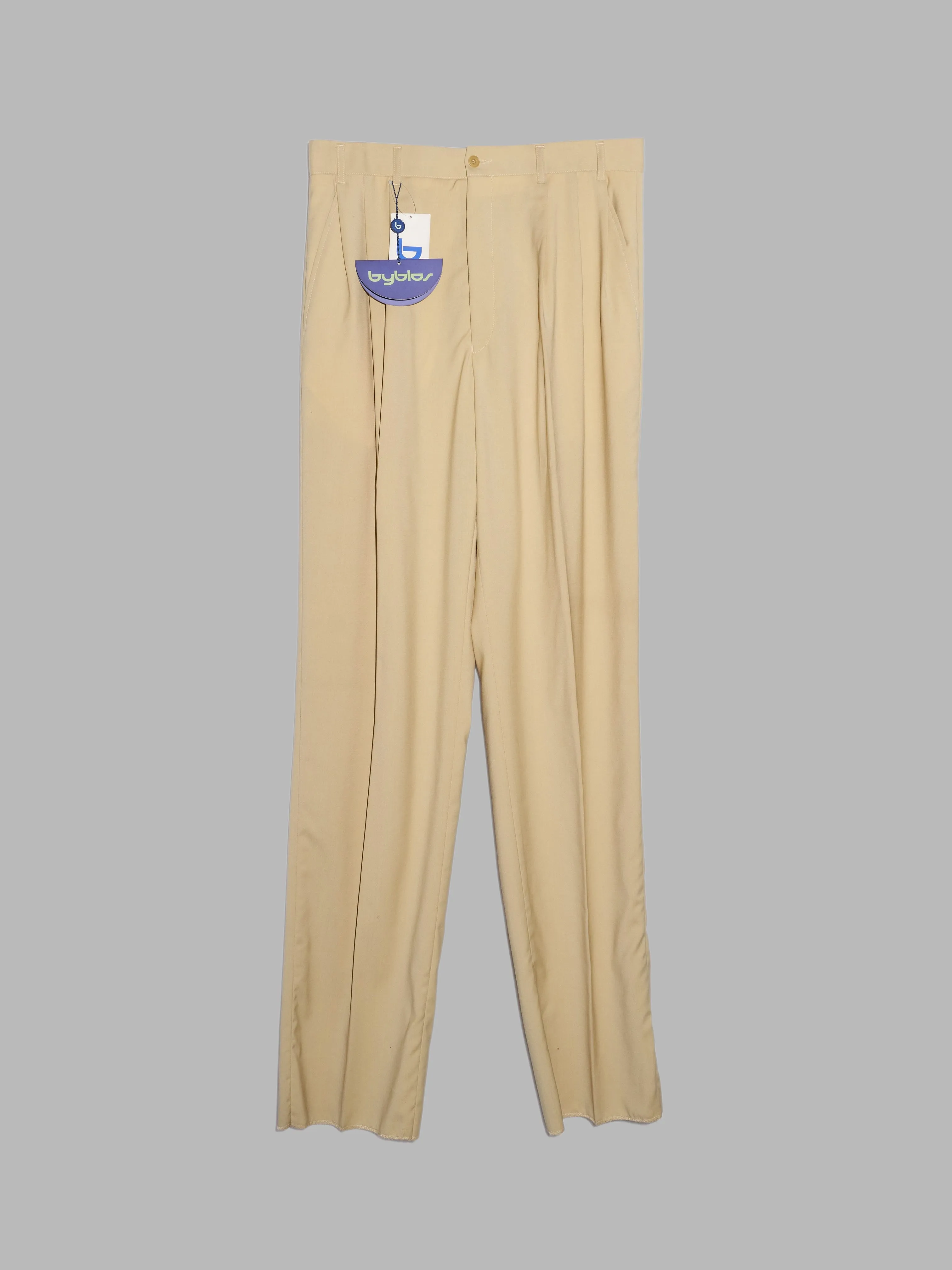 Byblos 1990s beige wool pleated trousers - size 50 new deadstock unhemmed