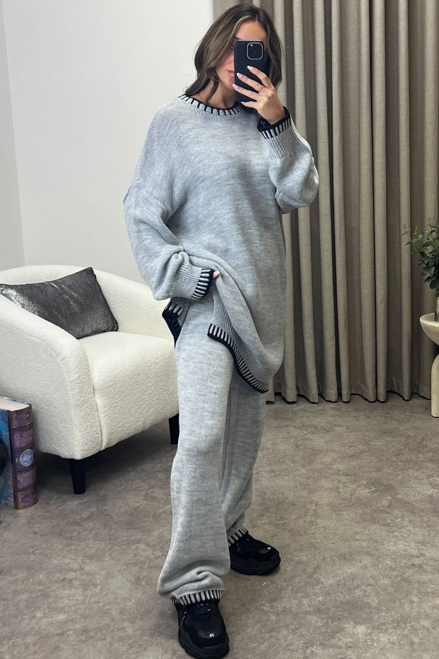 Camina Grey Contrasting Trim Knitted Jumper and Trousers Co-Ord Set