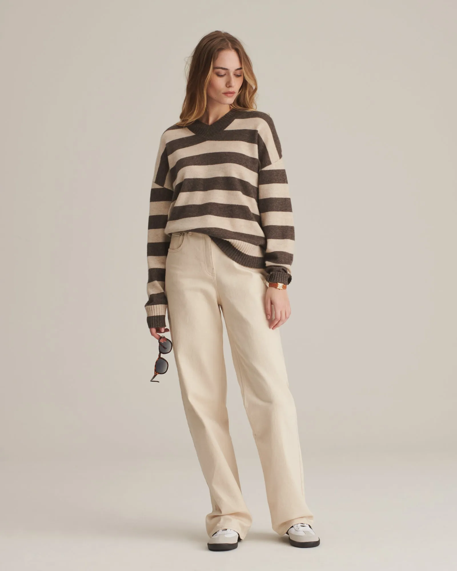 Cashmere Striped Boyfriend V-Neck Sweater