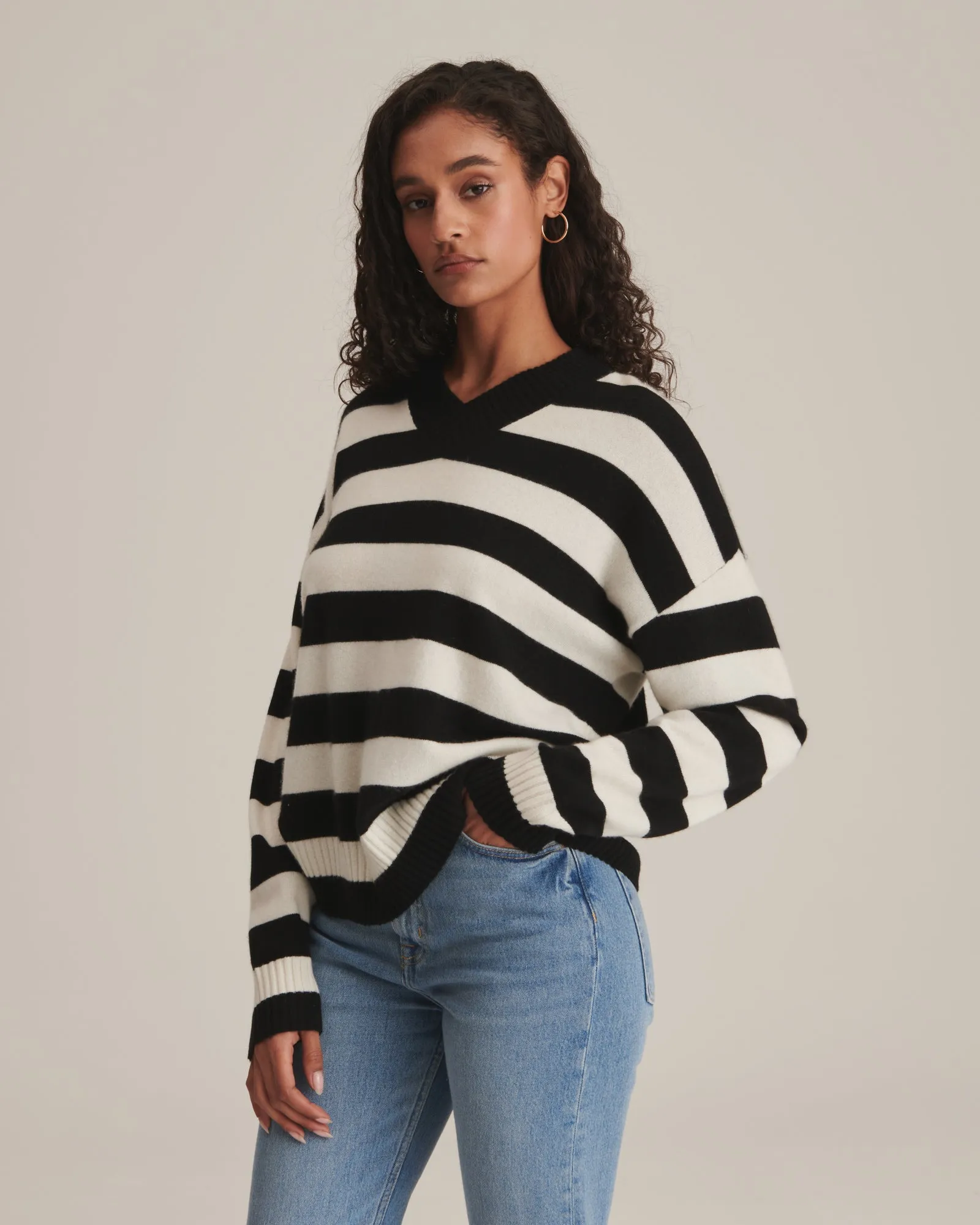 Cashmere Striped Boyfriend V-Neck Sweater