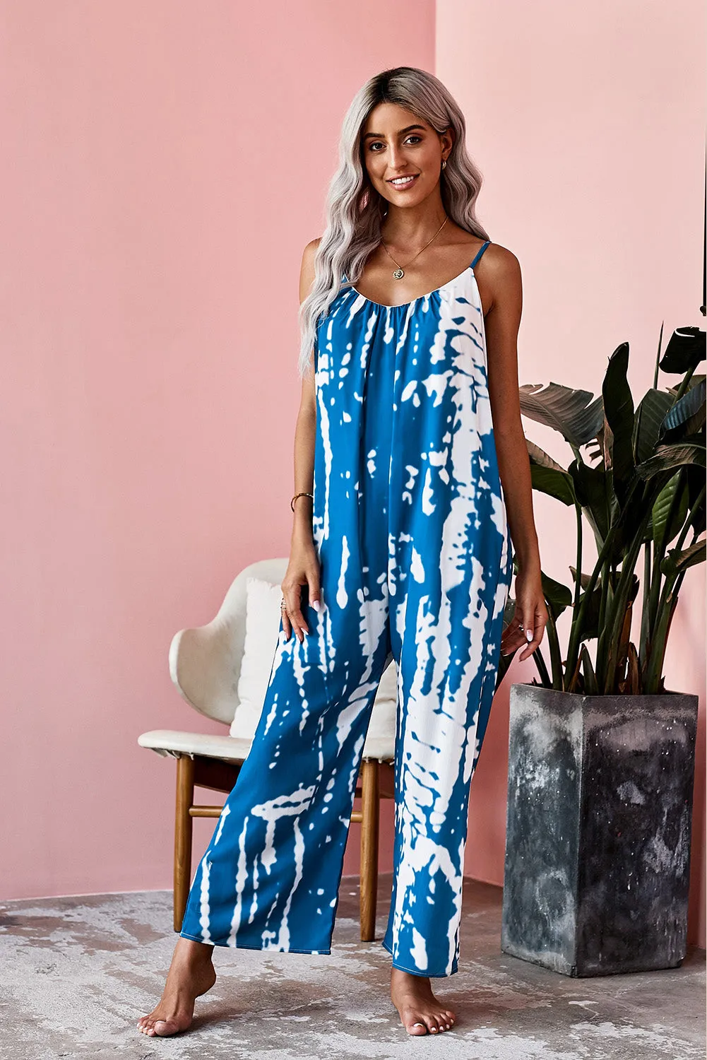 Casual Blue Spaghetti Strap Tie Dye Baggy Long Pants Romper