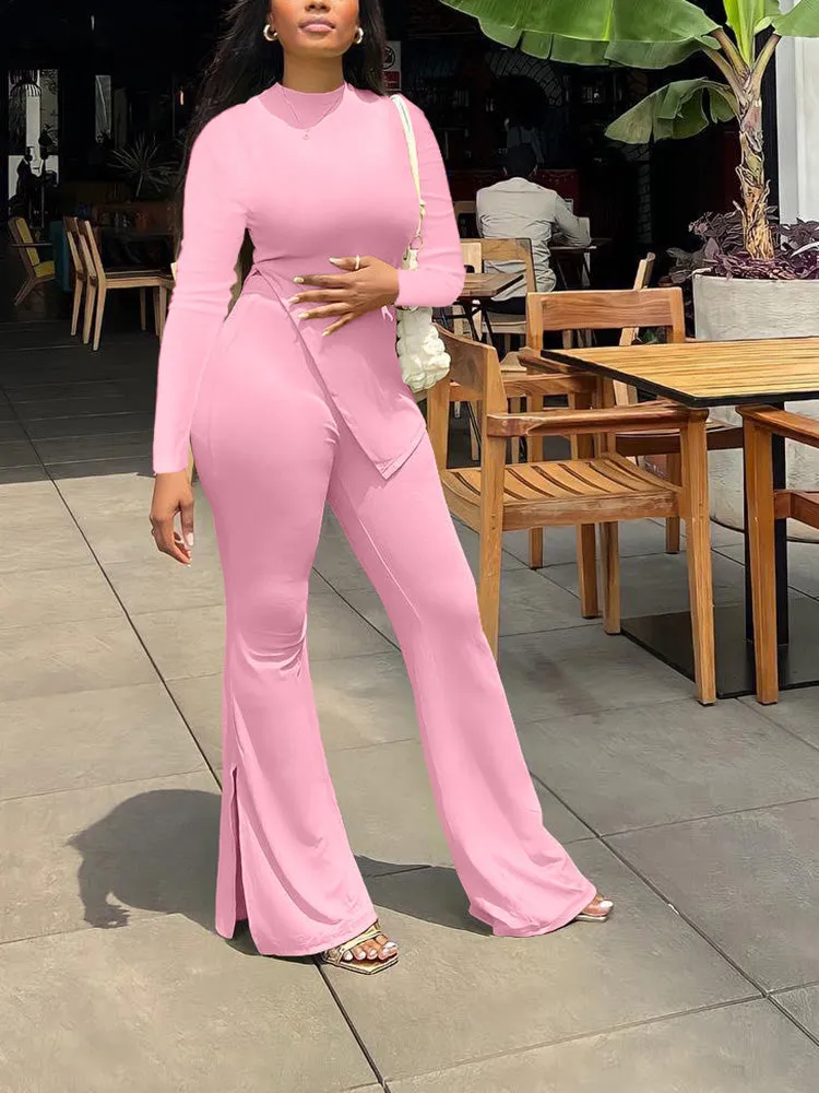 Casual Slit Top High Waist Pants Set