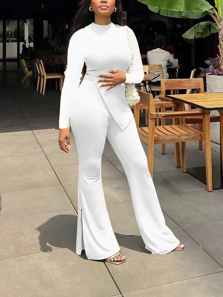 Casual Slit Top High Waist Pants Set