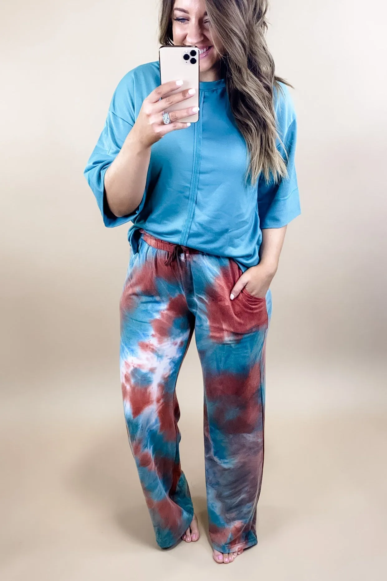 Changing Plans- Blue & Rust Tie Dye Lounge Pants - SMALL