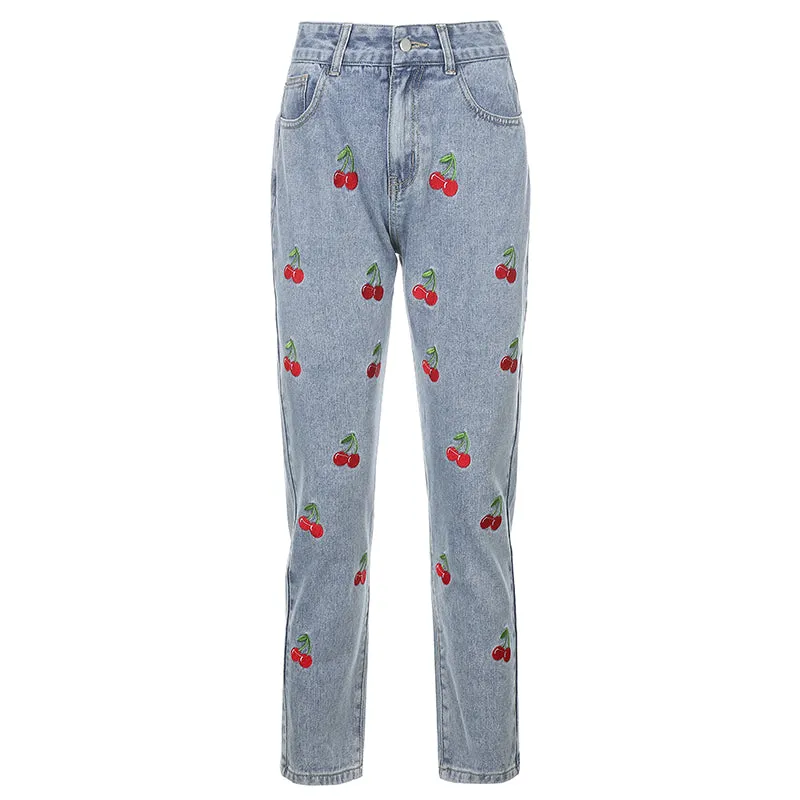 Cherry embroidered jeans KF82113