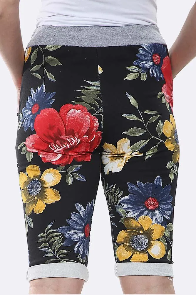 Cotton Big Rose Print 3/4 Drawstring Trouser