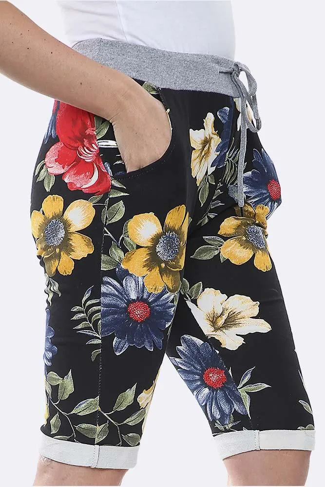 Cotton Big Rose Print 3/4 Drawstring Trouser