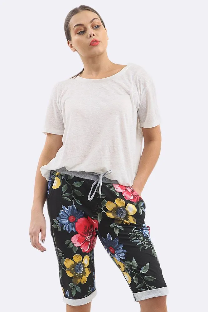 Cotton Big Rose Print 3/4 Drawstring Trouser