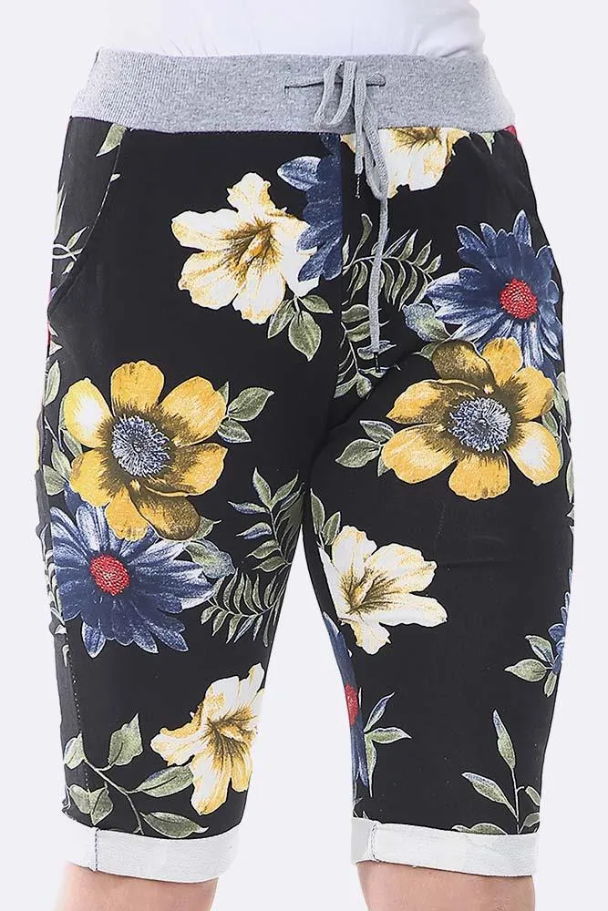 Cotton Big Rose Print 3/4 Drawstring Trouser