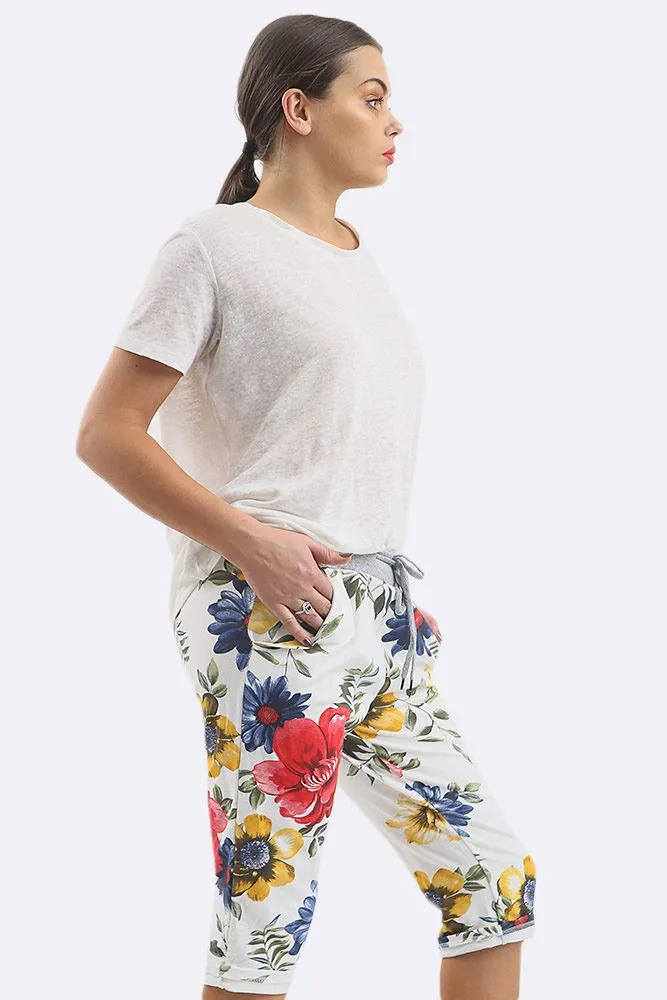 Cotton Big Rose Print 3/4 Drawstring Trouser