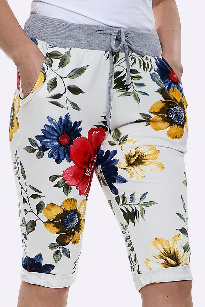 Cotton Big Rose Print 3/4 Drawstring Trouser