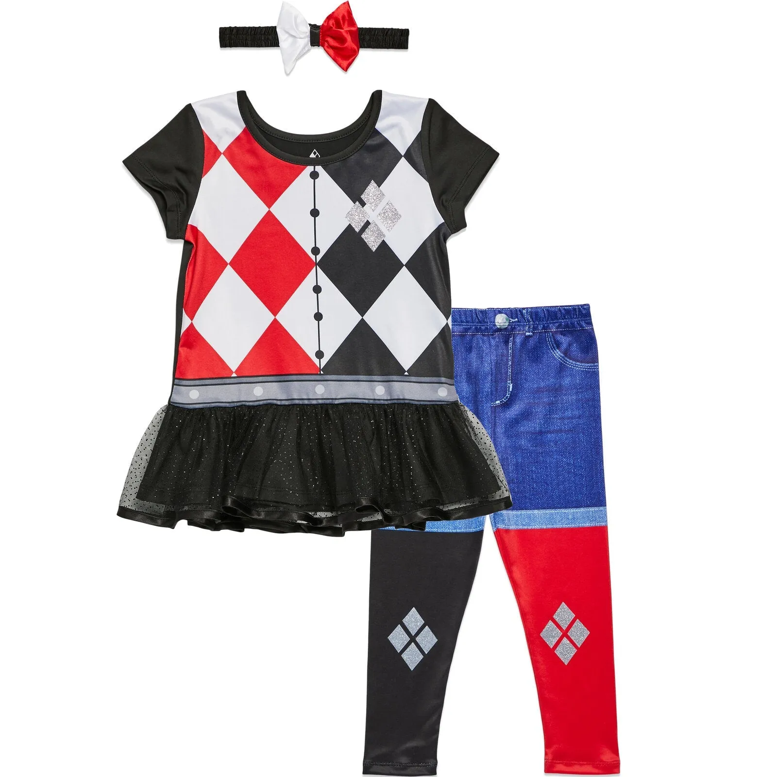 DC Comics Harley Quinn Costume Dress Leggings and Headband 3 Piece Set